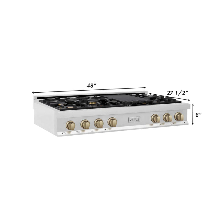 ZLINE Autograph Edition 48 In. Rangetop with 7 Gas Burners in Stainless Steel and Champagne Bronze Accents