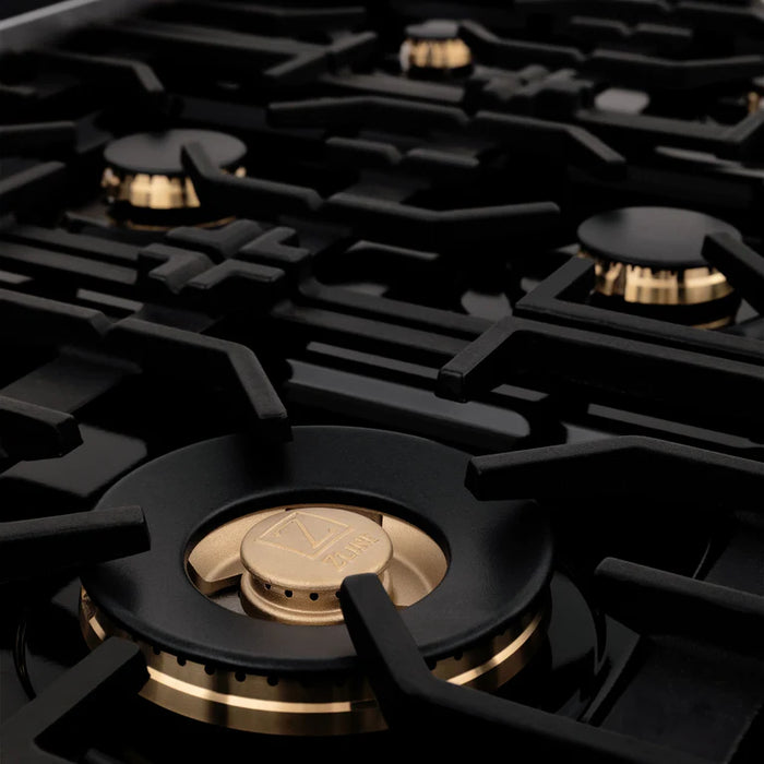 ZLINE Autograph Edition 48 Inch Porcelain Rangetop with 7 Gas Burners in Black Stainless Steel and Gold Accents