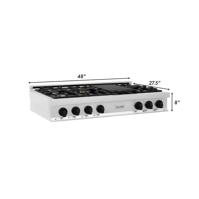ZLINE Autograph Edition 48 in. Porcelain Rangetop with 7 Gas Burners in Stainless Steel and Matte Black Accents