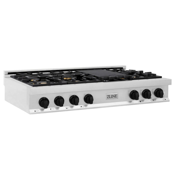 ZLINE Autograph Edition 48 in. Porcelain Rangetop with 7 Gas Burners in Stainless Steel and Matte Black Accents