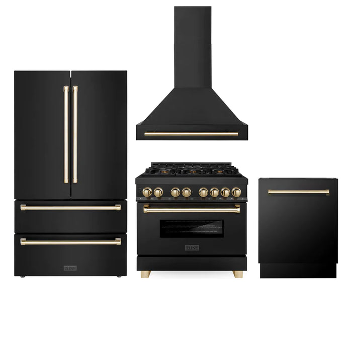 ZLINE 36" Autograph Edition Kitchen Package with Black Stainless Steel Dual Fuel Range, Range Hood, Dishwasher and Refrigeration with Accents