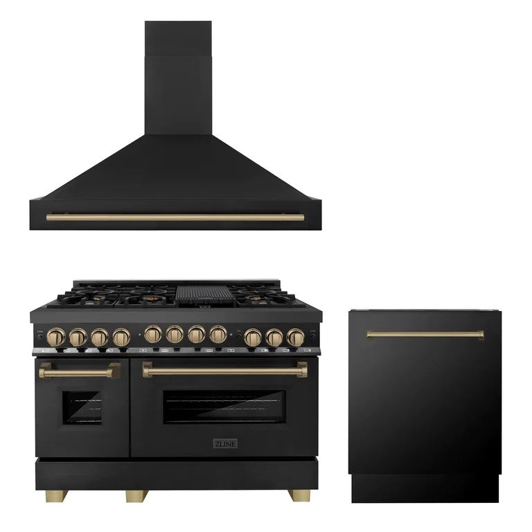ZLINE 48" Autograph Edition Kitchen Package with Black Stainless Steel Gas Range, Range Hood and Dishwasher with Accents