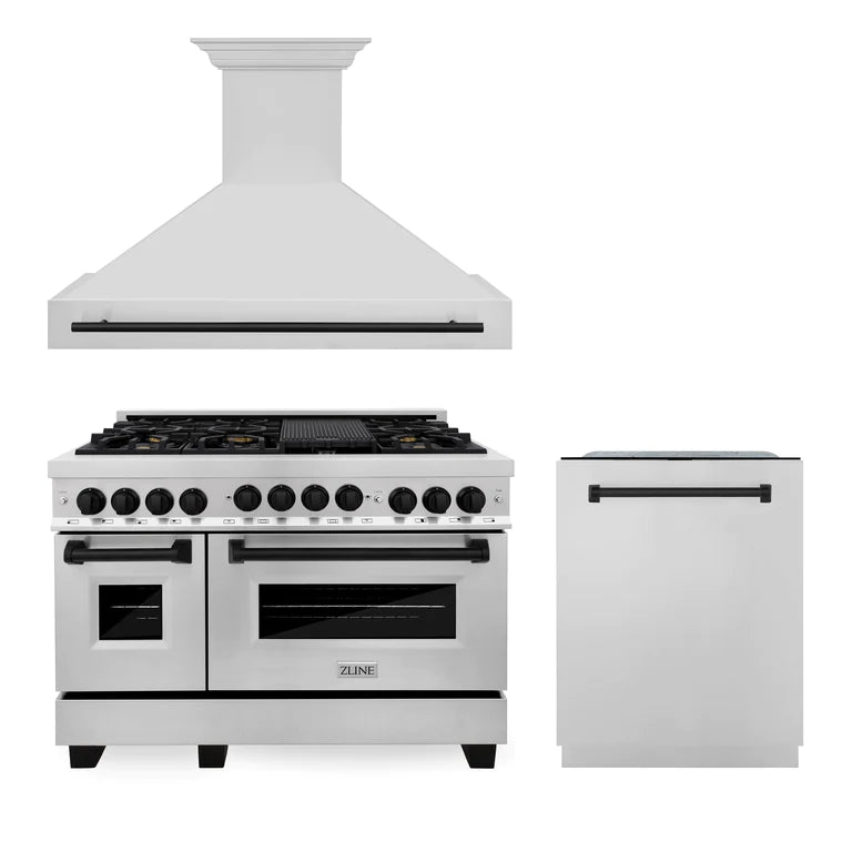 ZLINE 48" Autograph Edition Kitchen Package with Stainless Steel Gas Range, Range Hood and Dishwasher with Accents
