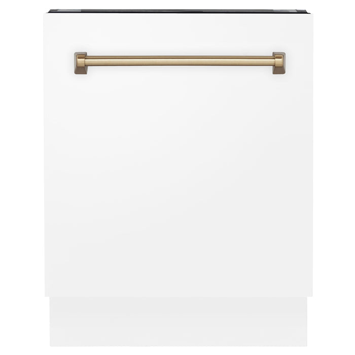 ZLINE Autograph Series 24 inch Tall Dishwasher in White Matte with Champagne Bronze Handle