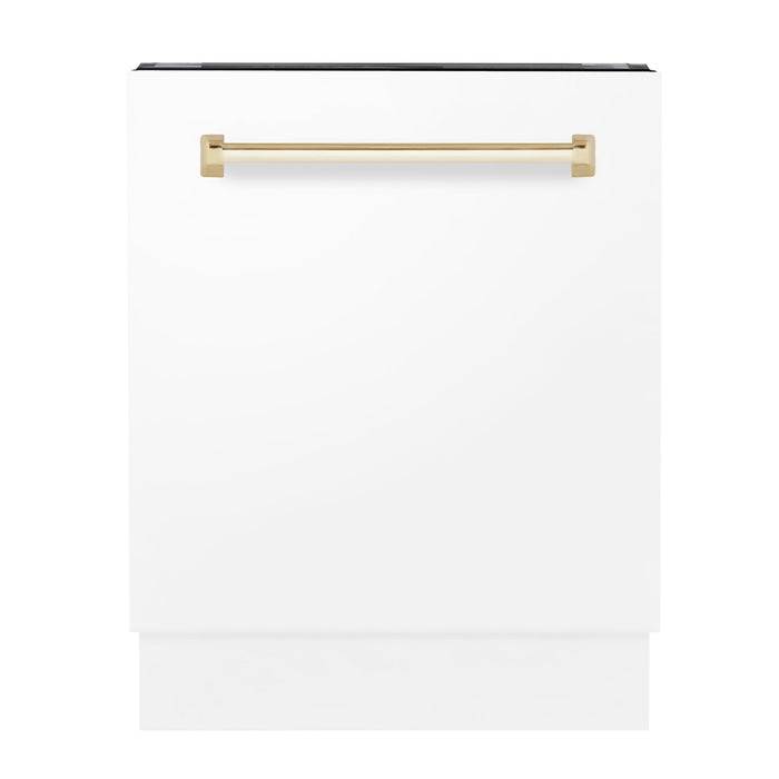 ZLINE Autograph Series 24 inch Tall Dishwasher in White Matte with Gold Handle