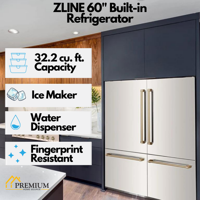ZLINE Autograph 60 In. 32.2 cu. ft. Built-In 4-Door Refrigerator with Internal Water and Ice Dispenser in Stainless Steel and Bronze Accents