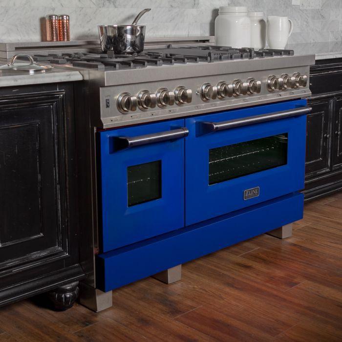 ZLINE 48 in.Professional Gas Burner/Electric Oven DuraSnow® Stainless Range with Blue Matte Door