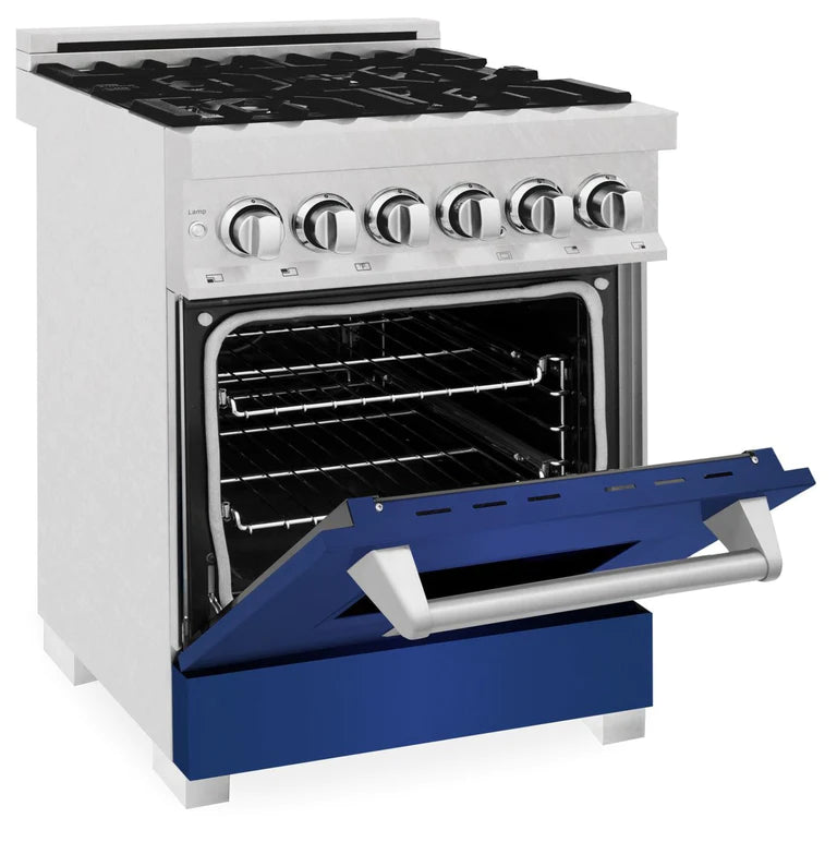 ZLINE 24 in.Professional Gas Burner/Electric Oven DuraSnow® Stainless Range with Blue Matte Door