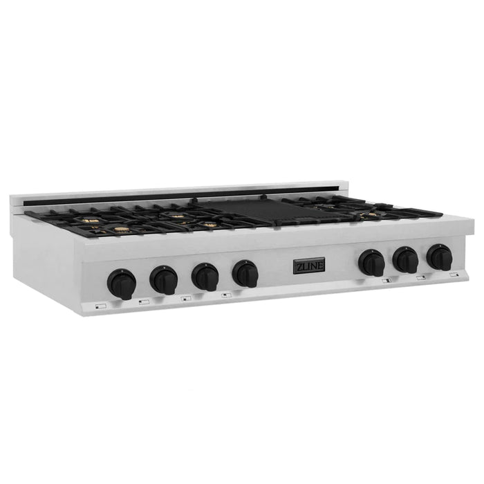 ZLINE Autograph Edition 48" Porcelain Rangetop with 7 Gas Burners in DuraSnow® Stainless Steel and Matte Black Accents