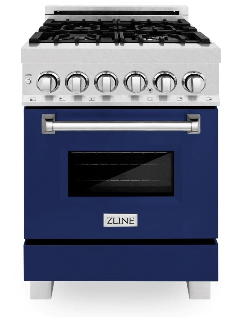 ZLINE 24 in. Professional Gas Burner/Electric Oven DuraSnow® Stainless Steel Range with Blue Gloss Door