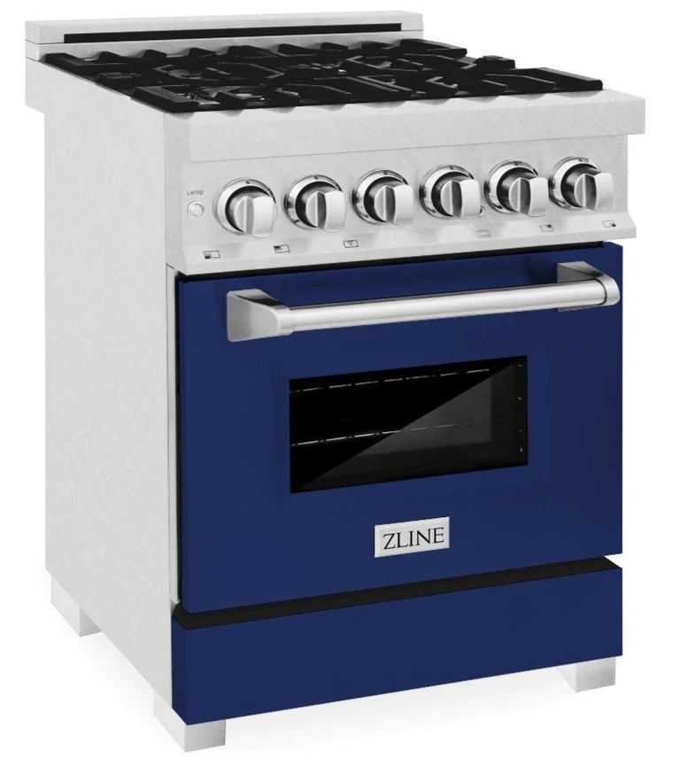 ZLINE 24 in. Professional Gas Burner/Electric Oven DuraSnow® Stainless Steel Range with Blue Gloss Door