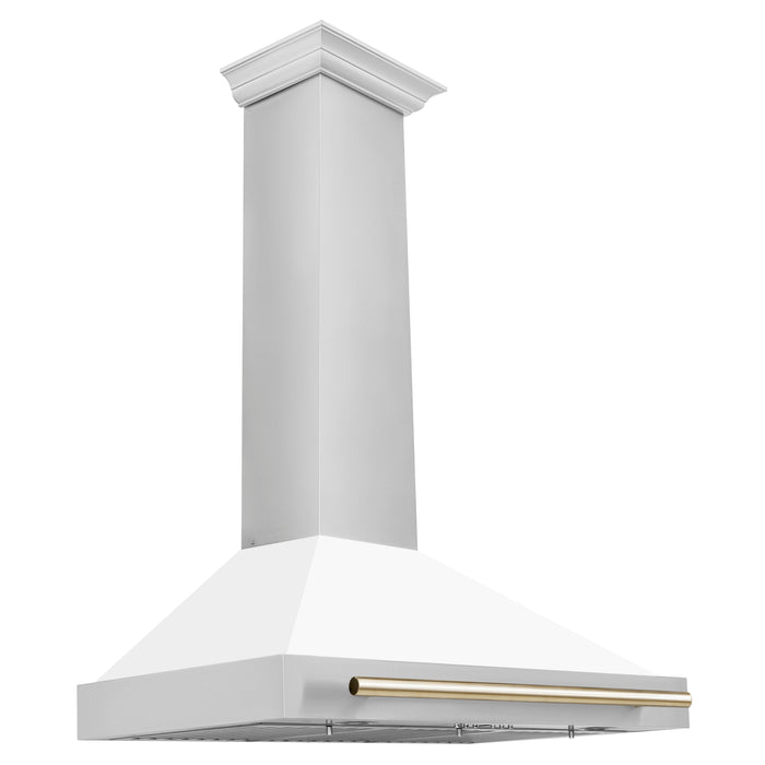 ZLINE 36 Inch Autograph Edition Stainless Steel Range Hood with a Matte White Shell and Gold Handle, KB4STZ-WM36-G