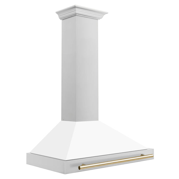 ZLINE 36 Inch Autograph Edition Stainless Steel Range Hood with a Matte White Shell and Gold Handle, KB4STZ-WM36-G