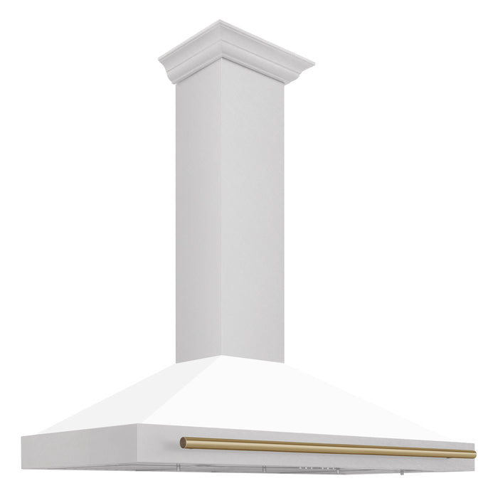 ZLINE 48 Inch Autograph Edition DuraSnow® Stainless Steel Range Hood with White Matte Shell and Champagne Bronze Handle, KB4SNZ-WM48-CB