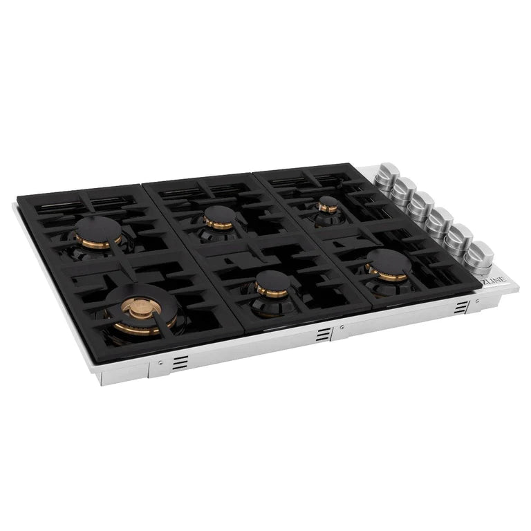 ZLINE 36 in. Dropin Cooktop with 6 Gas Burners and Black Porcelain Top and Brass Burners