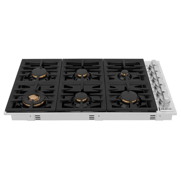 ZLINE 36 in. Dropin Cooktop with 6 Gas Burners and Black Porcelain Top and Brass Burners