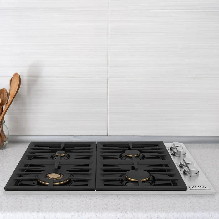 ZLINE 30 in. Dropin Cooktop with 4 Gas Brass Burners and Black Porcelain Top