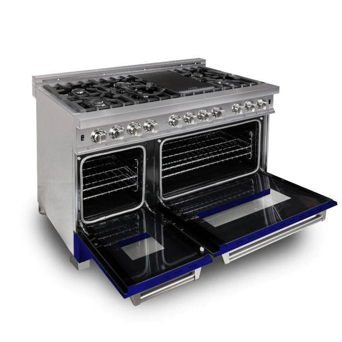 ZLINE 48 in. Professional Gas Burner/Electric Oven DuraSnow® Stainless 6.0 cu.ft. 7 Range with Blue Gloss Door