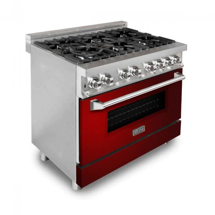 ZLINE 36 in. Professional Gas Burner/Electric Oven Stainless Steel Range with Red Gloss Door