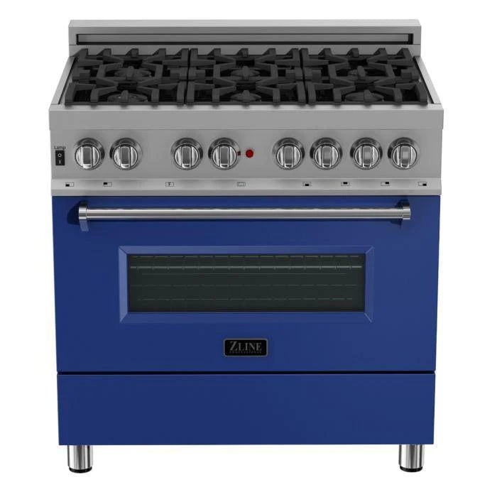 ZLINE 36 in.Professional Gas Burner/Electric Oven DuraSnow® Stainless Range with Blue Matte Door